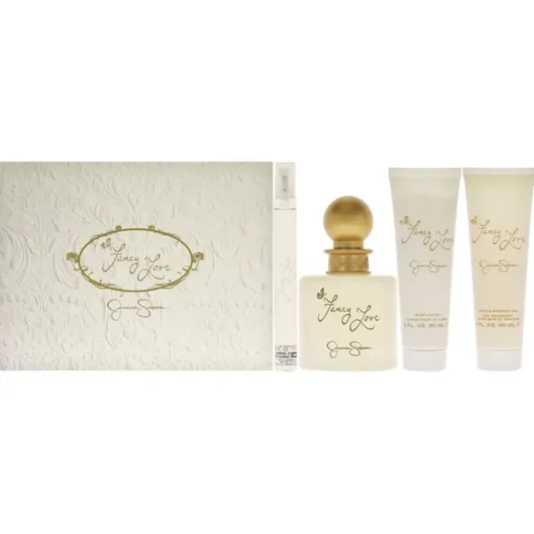 Fancy Love by Jessica Simpson for Women - 4 Pc Gift Set 3.4oz EDP Spray, 0.34oz EDP Mini Spray, 3oz Body Lotion, 3oz Bath and Shower Gel