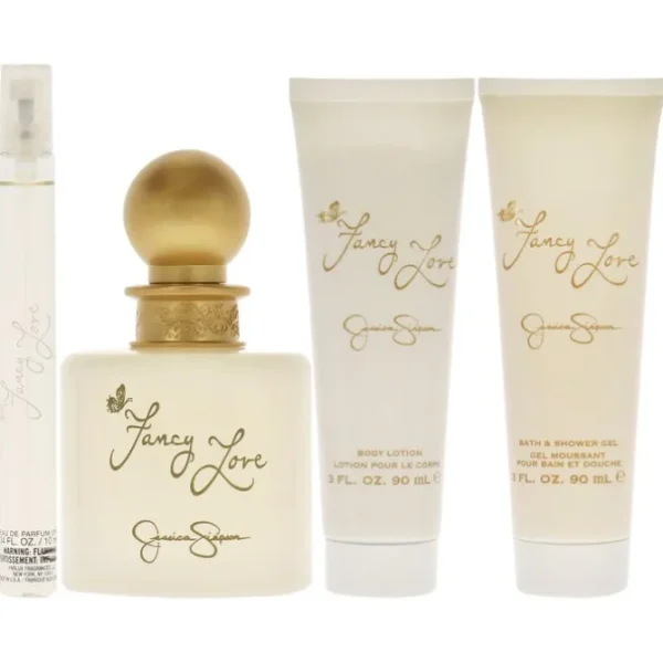 Fancy Love by Jessica Simpson for Women - 4 Pc Gift Set 3.4oz EDP Spray, 0.34oz EDP Mini Spray, 3oz Body Lotion, 3oz Bath and Shower Gel