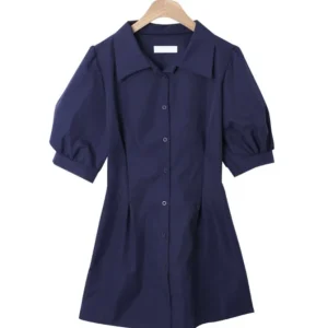 Puff Sleeve Button Front Collar Shirt Dress