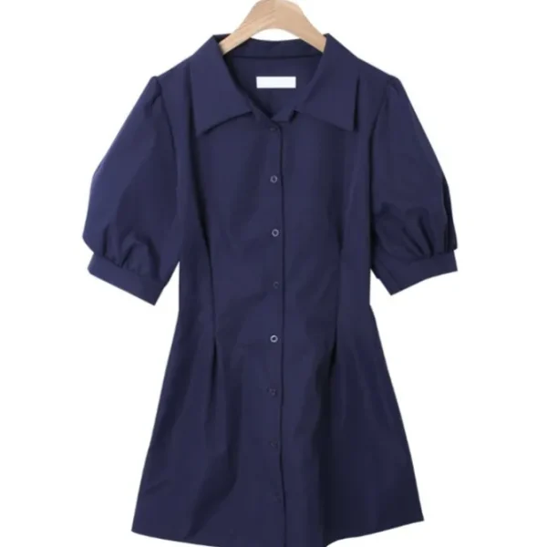 Puff Sleeve Button Front Collar Shirt Dress