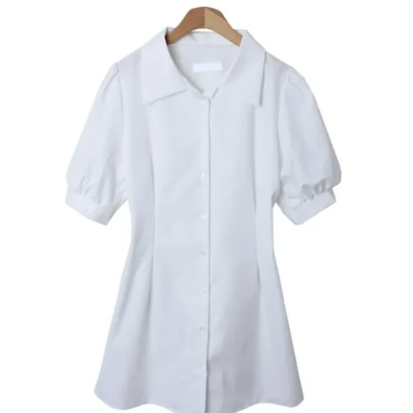 Puff Sleeve Button Front Collar Shirt Dress