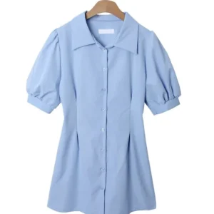 Puff Sleeve Button Front Collar Shirt Dress