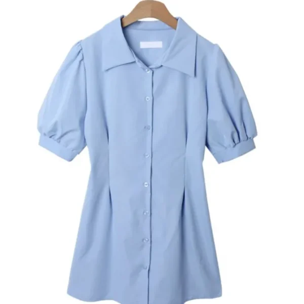 Puff Sleeve Button Front Collar Shirt Dress