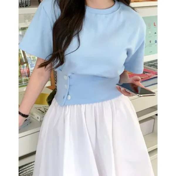 Round Neck Button Front Top
