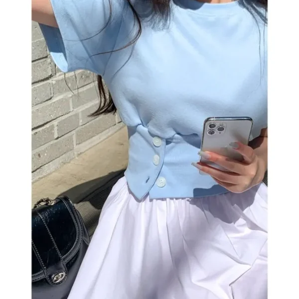 Round Neck Button Front Top