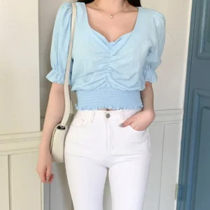 Shirring Puff Sleeve Crop Top