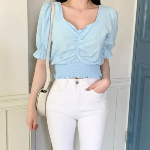 Shirring Puff Sleeve Crop Top