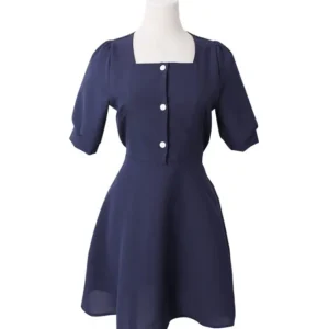 Square Neck Puff Sleeve Button Front Dress