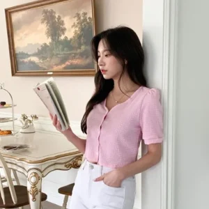 V-Neck Button Front Top