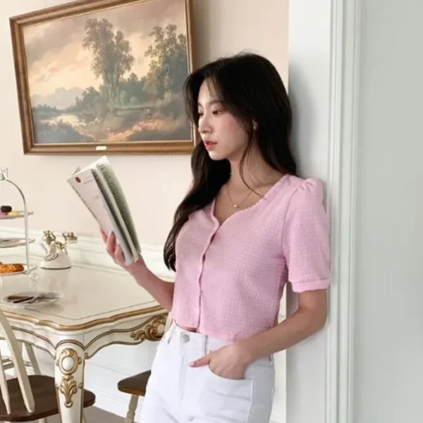 V-Neck Button Front Top