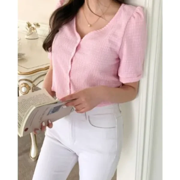 V-Neck Button Front Top