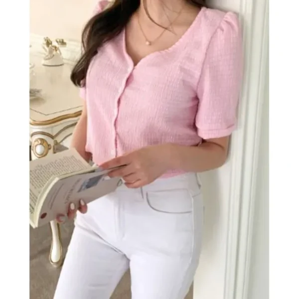 V-Neck Button Front Top