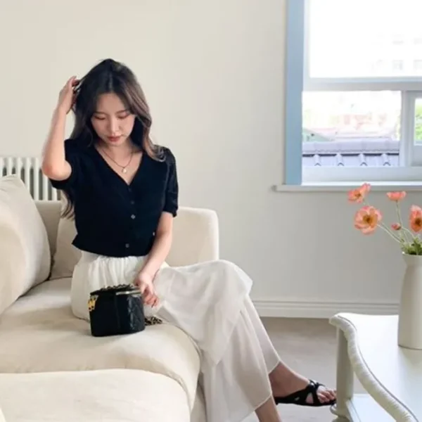 V-Neck Button Front Top