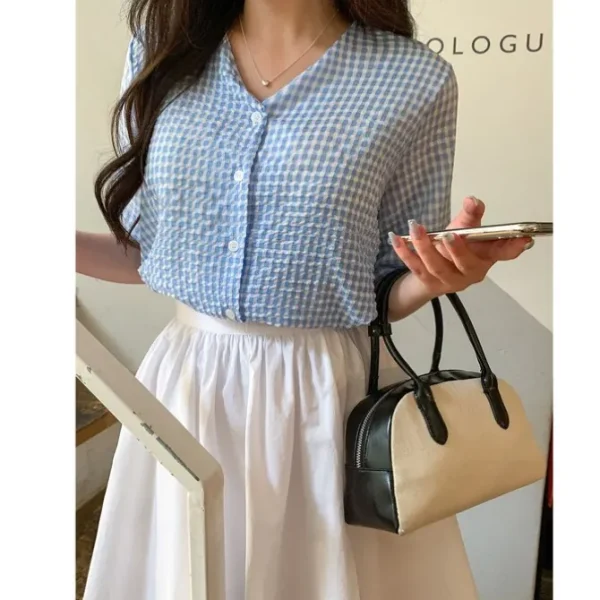 V-Neck Check Puff Sleeve Top