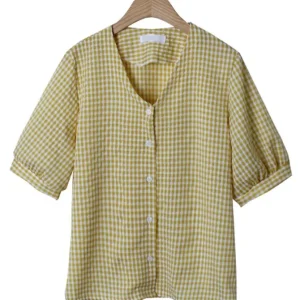 V-Neck Check Puff Sleeve Top