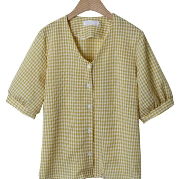 V-Neck Check Puff Sleeve Top
