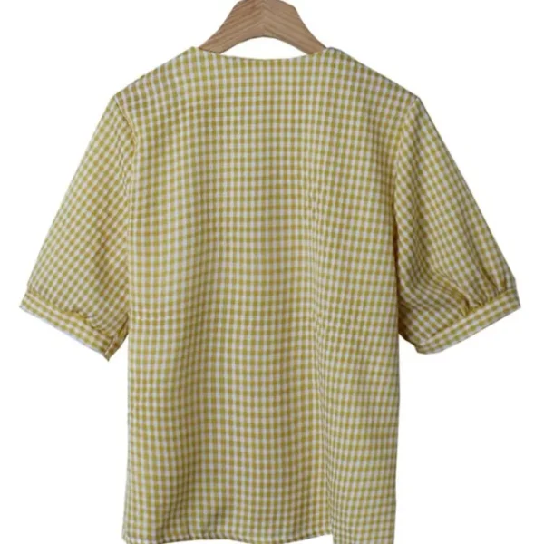 V-Neck Check Puff Sleeve Top