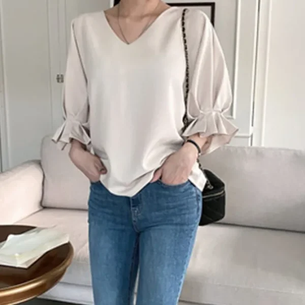 V-Neck Loose Fit Ruffle Blouse