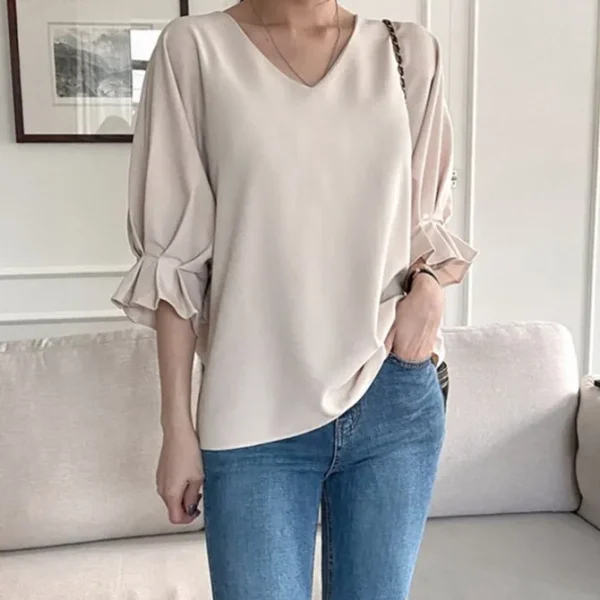 V-Neck Loose Fit Ruffle Blouse