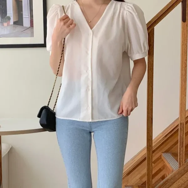 V-Neck Puff Sleeve Blouse