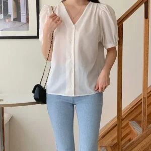 V-Neck Puff Sleeve Blouse