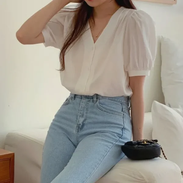 V-Neck Puff Sleeve Blouse