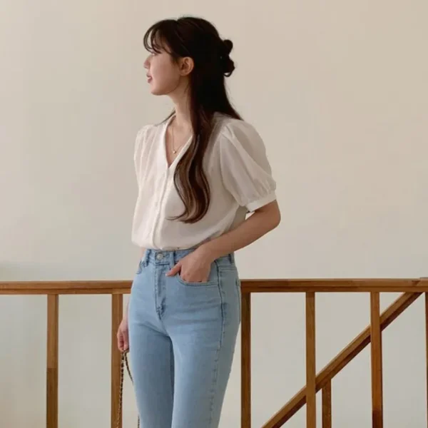 V-Neck Puff Sleeve Blouse